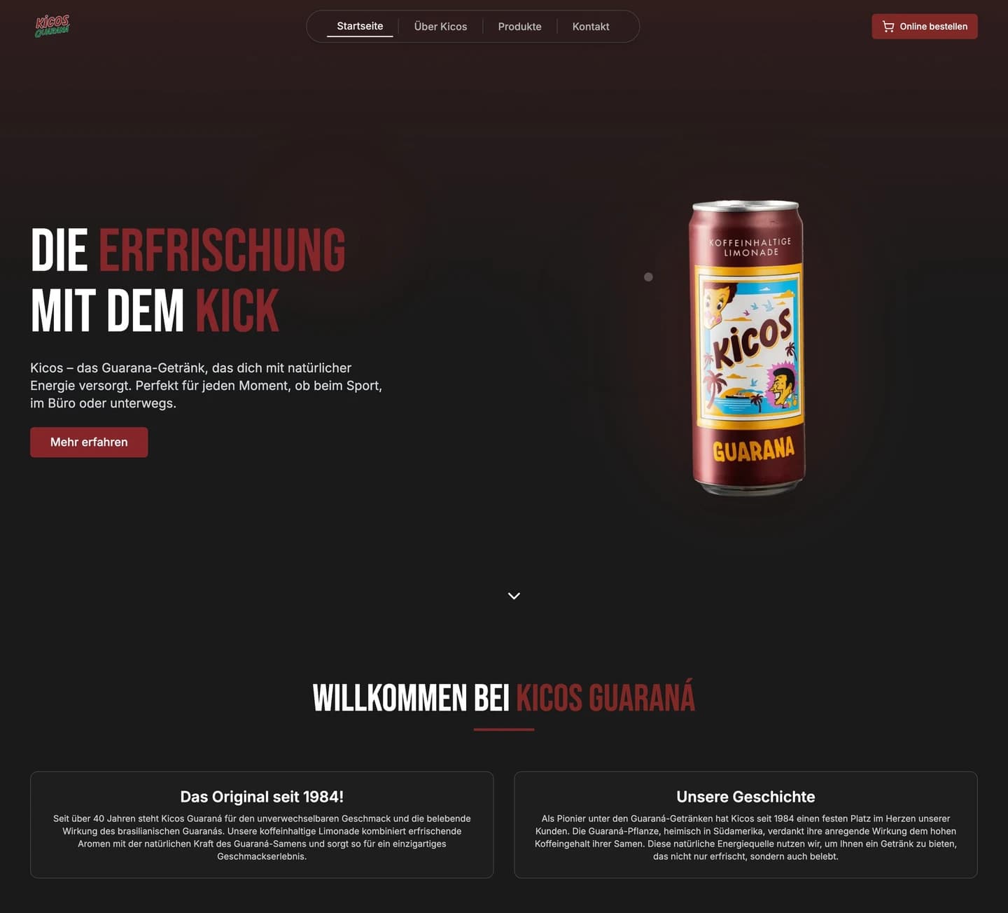 Kicos Guarana Website, durchgescrollt